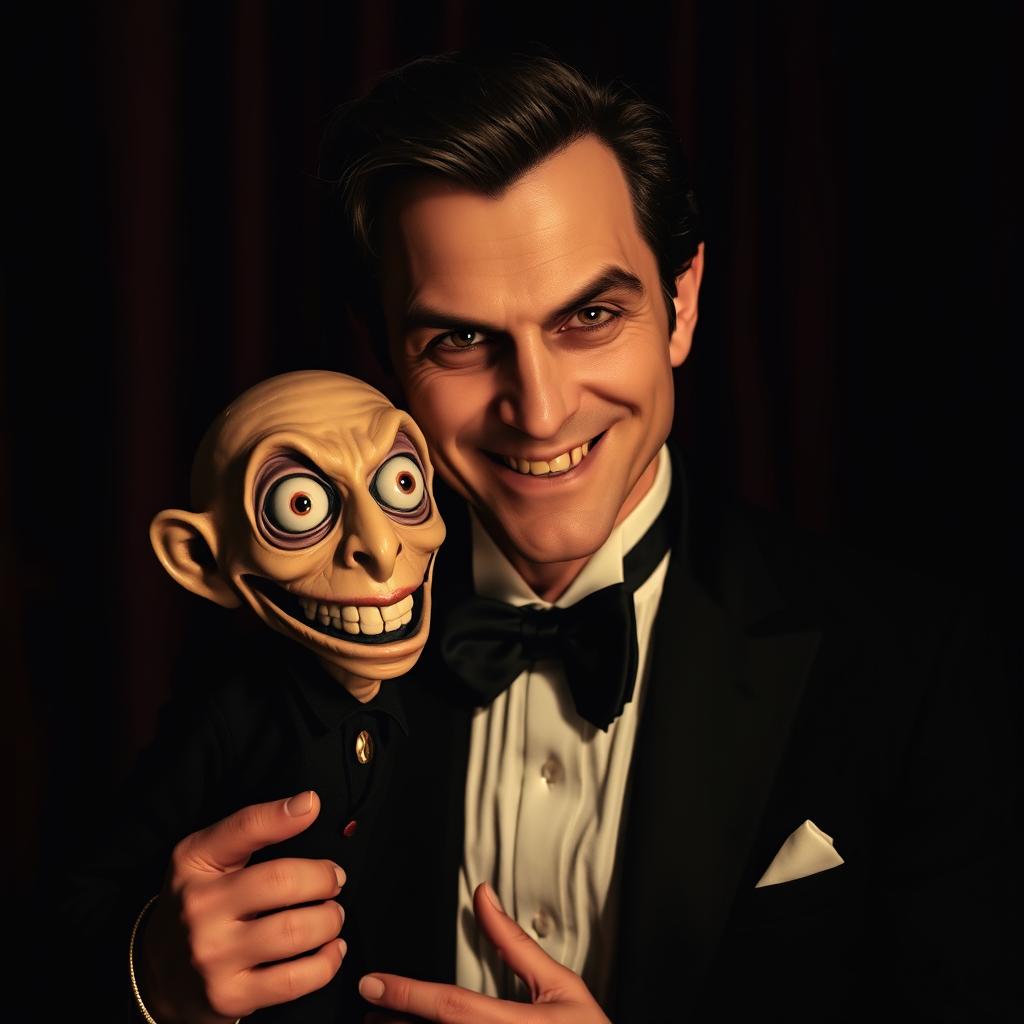 A realistic and creepy ventriloquist performing with an unsettling puppet