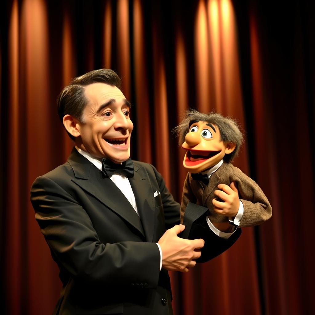 A classic ventriloquist performing on stage with a realistic puppet