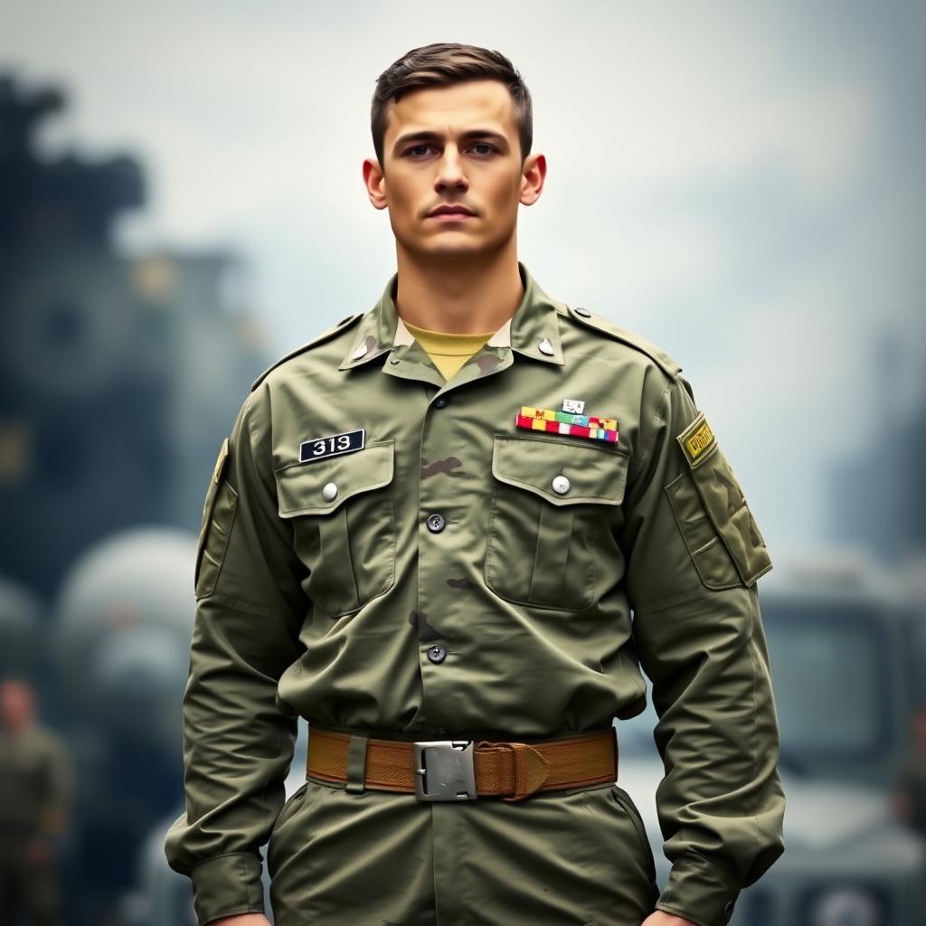 A military personnel standing tall, proudly dressed in a detailed military uniform