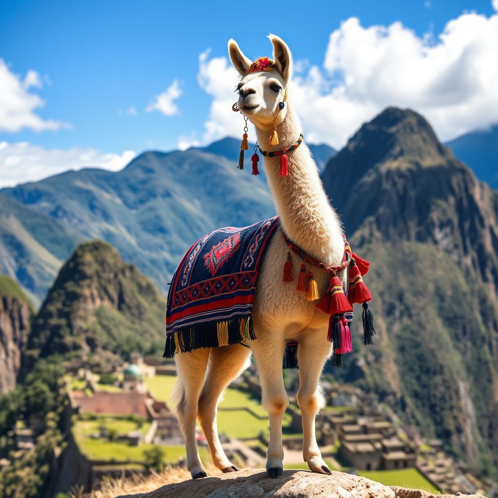 A beautifully decorated llama adorned in vibrant traditional Peruvian textiles, standing majestically atop a Andean mountain backdrop