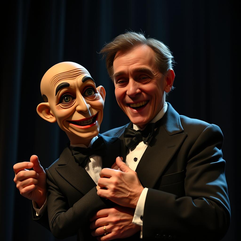A classic ventriloquist performing on stage with a highly realistic and slightly eerie humanoid puppet