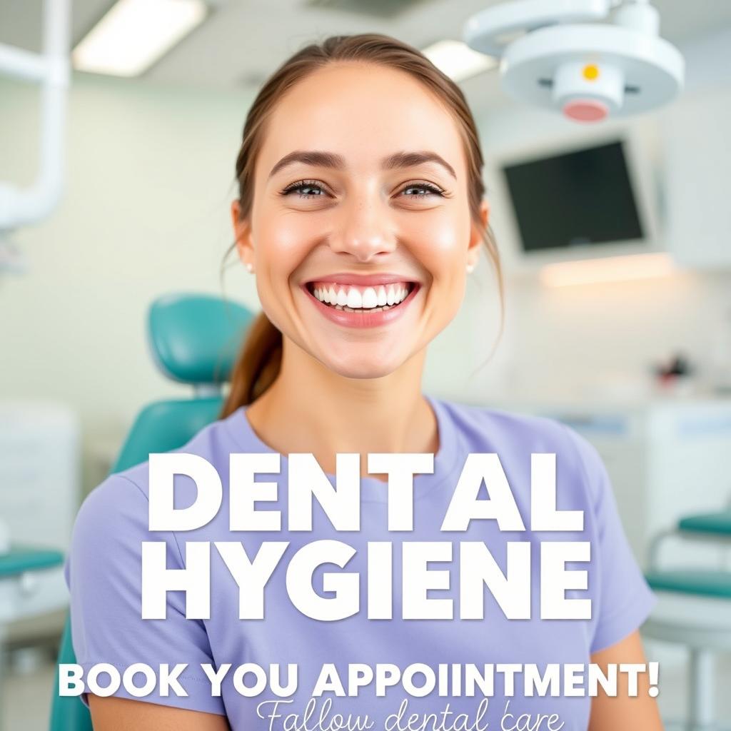 A vibrant dental clinic advertisement showcasing a smiling patient with bright, healthy white teeth in a modern, cheerful dental office