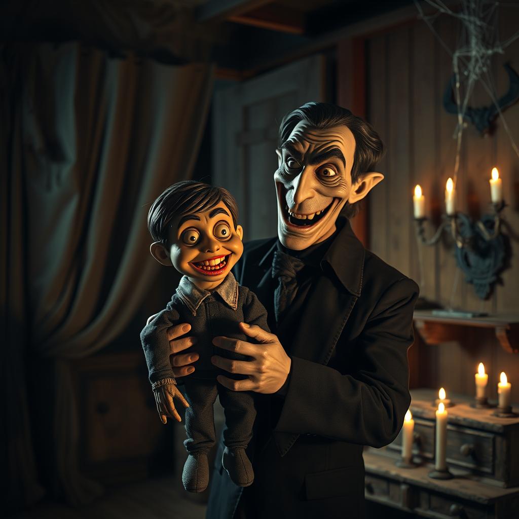 A spooky ventriloquist puppet show scene featuring a ventriloquist with a sinister expression holding a creepy wooden puppet that resembles a young boy