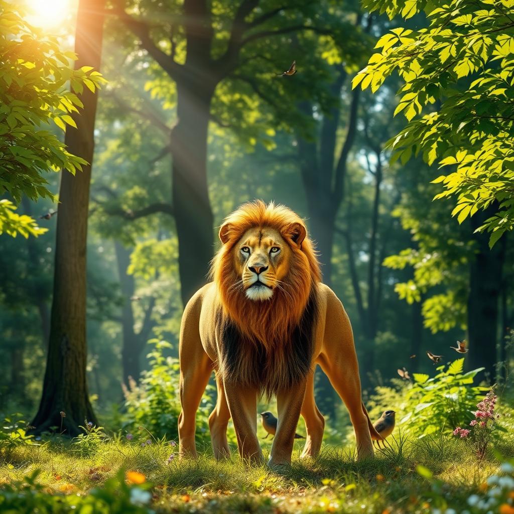 A majestic lion standing in the middle of a lush green forest, surrounded by tall trees with vibrant foliage