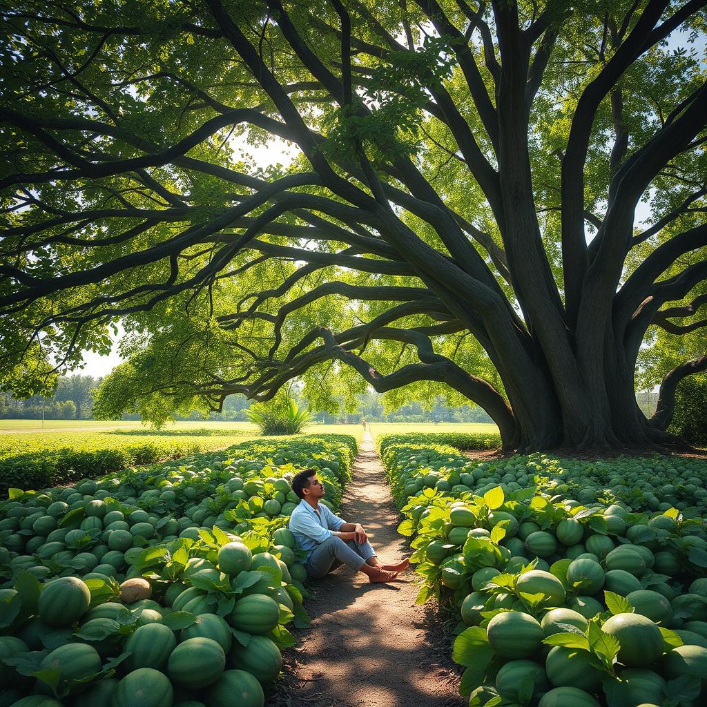 A serene scene depicting a man sitting peacefully under a sprawling banyan tree, surrounded by lush green watermelon fields