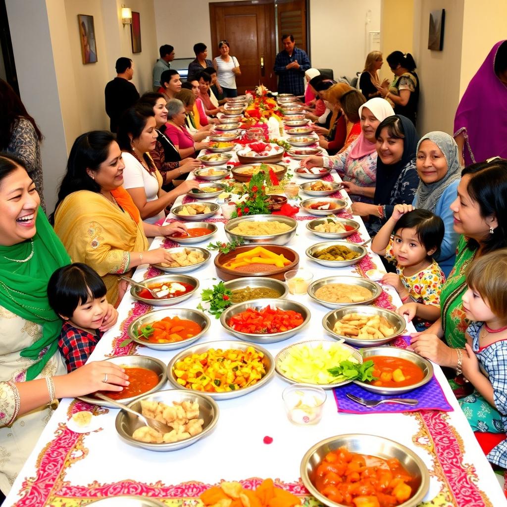 A long table spread out with colorful traditional Persian food, surrounded by women and children joyfully enjoying the meal