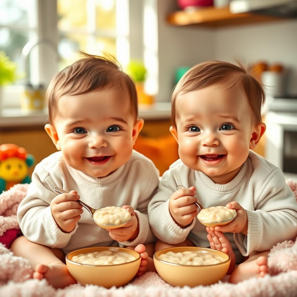 Two adorable and happy infants, a two-month-old and a three-month-old, sitting in a bright and cheerful kitchen