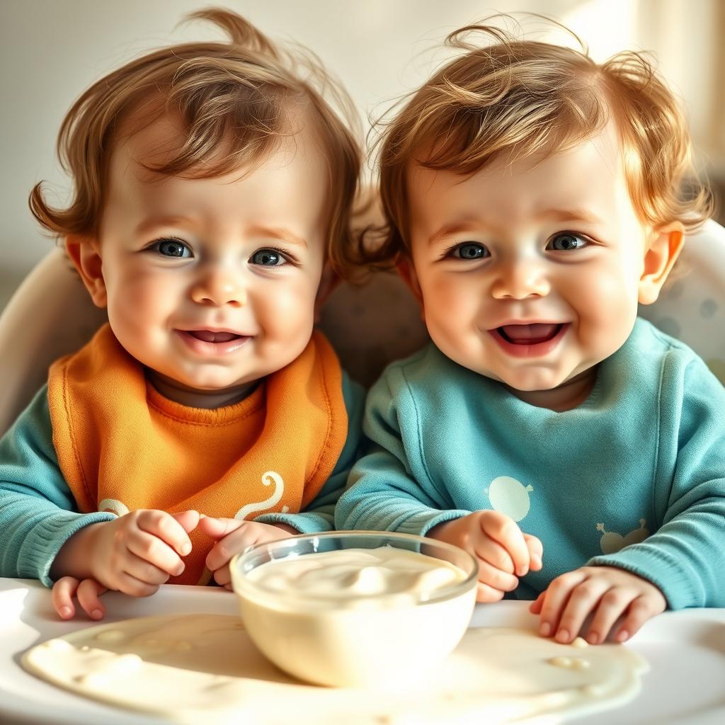 Two adorable three-month-old babies with soft, fluffy hair, sitting in high chairs and happily eating porridge