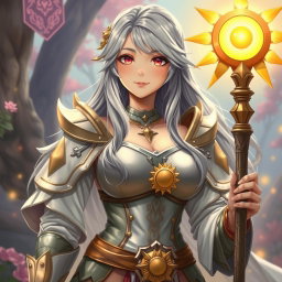 A kind and shy sun cleric healer girl with long grey hair and a round, gentle face