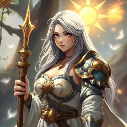 A kind and shy sun cleric healer girl with long grey hair and a round, gentle face