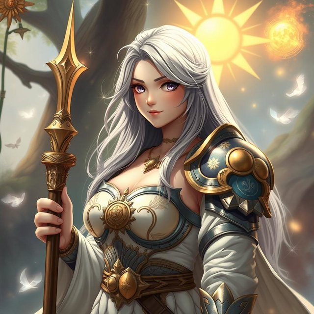 A kind and shy sun cleric healer girl with long grey hair and a round, gentle face
