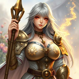 A kind and shy sun cleric healer girl with long grey hair and a round, gentle face