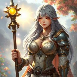 A kind and shy sun cleric healer girl with long grey hair and a round, gentle face