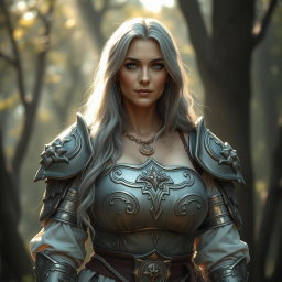 A kind, shy cleric healer with long grey hair, a round, gentle face, dressed in light, open, and outspoken medium armor