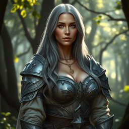 A kind, shy cleric healer with long grey hair, a round, gentle face, dressed in light, open, and outspoken medium armor
