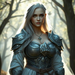 A kind, shy cleric healer with long grey hair, a round, gentle face, dressed in light, open, and outspoken medium armor
