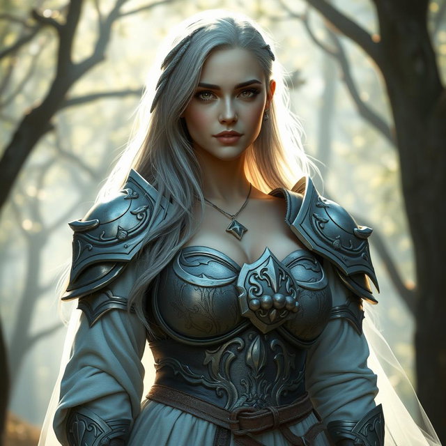 A kind, shy cleric healer with long grey hair, a round, gentle face, dressed in light, open, and outspoken medium armor