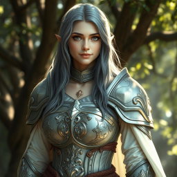 A kind, shy cleric healer with long grey hair, a round, gentle face, dressed in light, open, and outspoken medium armor