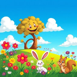 A vibrant, cartoon-styled image of a serene landscape featuring a bright blue sky with fluffy white clouds, a colorful meadow filled with various flowers in shades of red, yellow, and purple, and a whimsical tree with exaggerated features, such as larger-than-life leaves and a smiling face