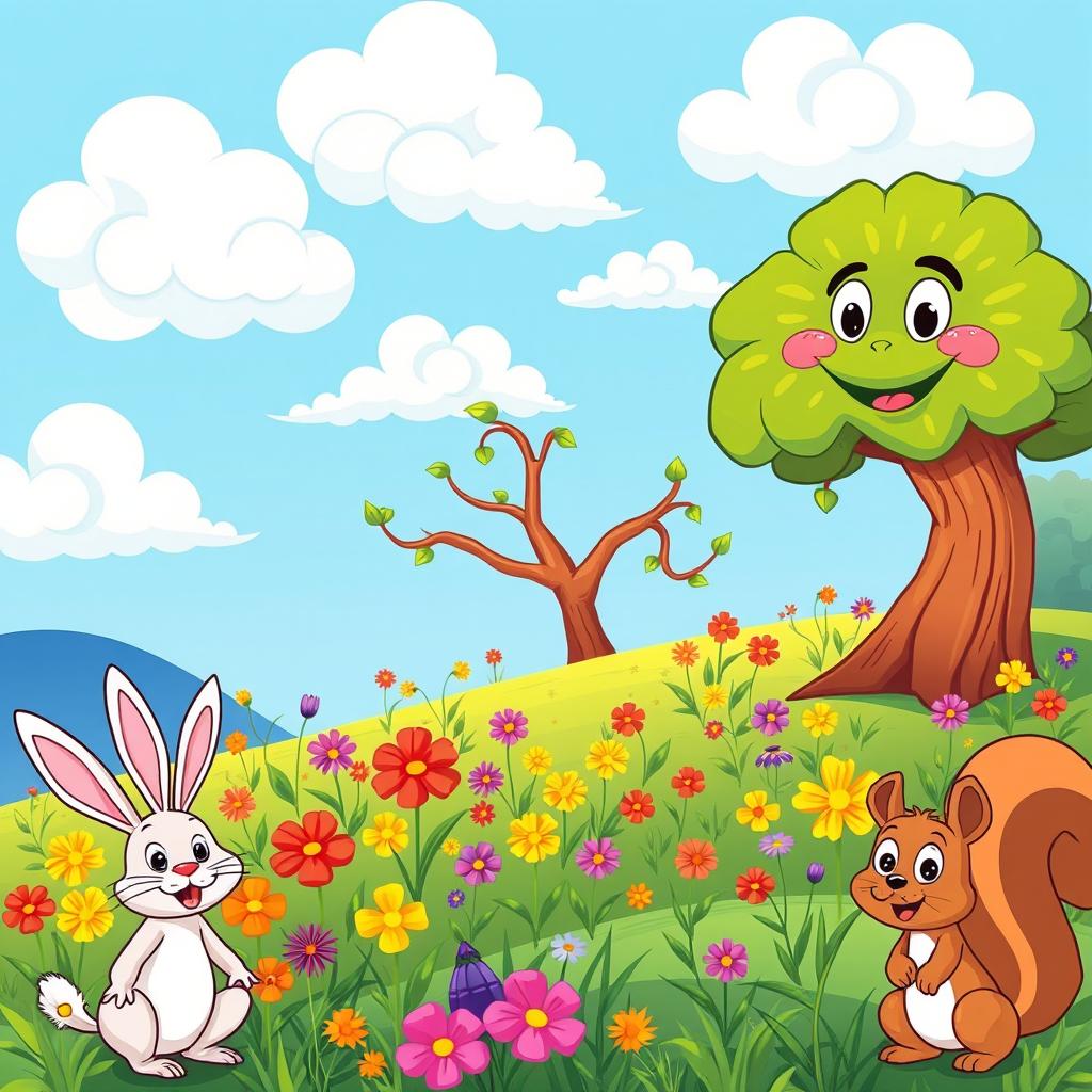 A vibrant, cartoon-styled image of a serene landscape featuring a bright blue sky with fluffy white clouds, a colorful meadow filled with various flowers in shades of red, yellow, and purple, and a whimsical tree with exaggerated features, such as larger-than-life leaves and a smiling face