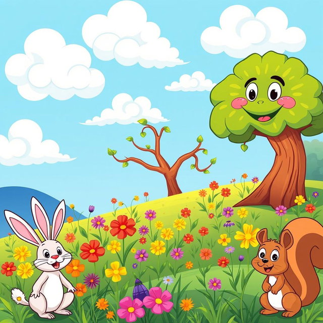 A vibrant, cartoon-styled image of a serene landscape featuring a bright blue sky with fluffy white clouds, a colorful meadow filled with various flowers in shades of red, yellow, and purple, and a whimsical tree with exaggerated features, such as larger-than-life leaves and a smiling face