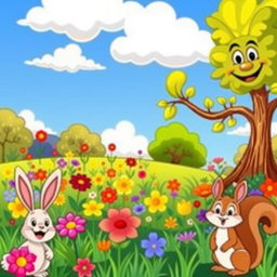 A vibrant, cartoon-styled image of a serene landscape featuring a bright blue sky with fluffy white clouds, a colorful meadow filled with various flowers in shades of red, yellow, and purple, and a whimsical tree with exaggerated features, such as larger-than-life leaves and a smiling face