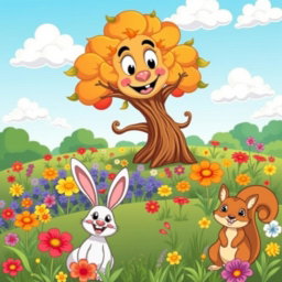 A vibrant, cartoon-styled image of a serene landscape featuring a bright blue sky with fluffy white clouds, a colorful meadow filled with various flowers in shades of red, yellow, and purple, and a whimsical tree with exaggerated features, such as larger-than-life leaves and a smiling face