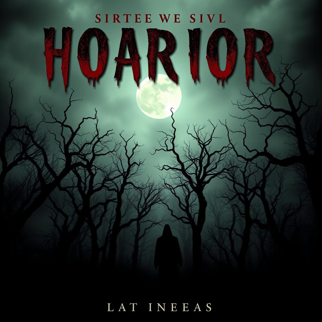 A chilling book cover for a horror novel, featuring a dark, eerie forest shrouded in fog