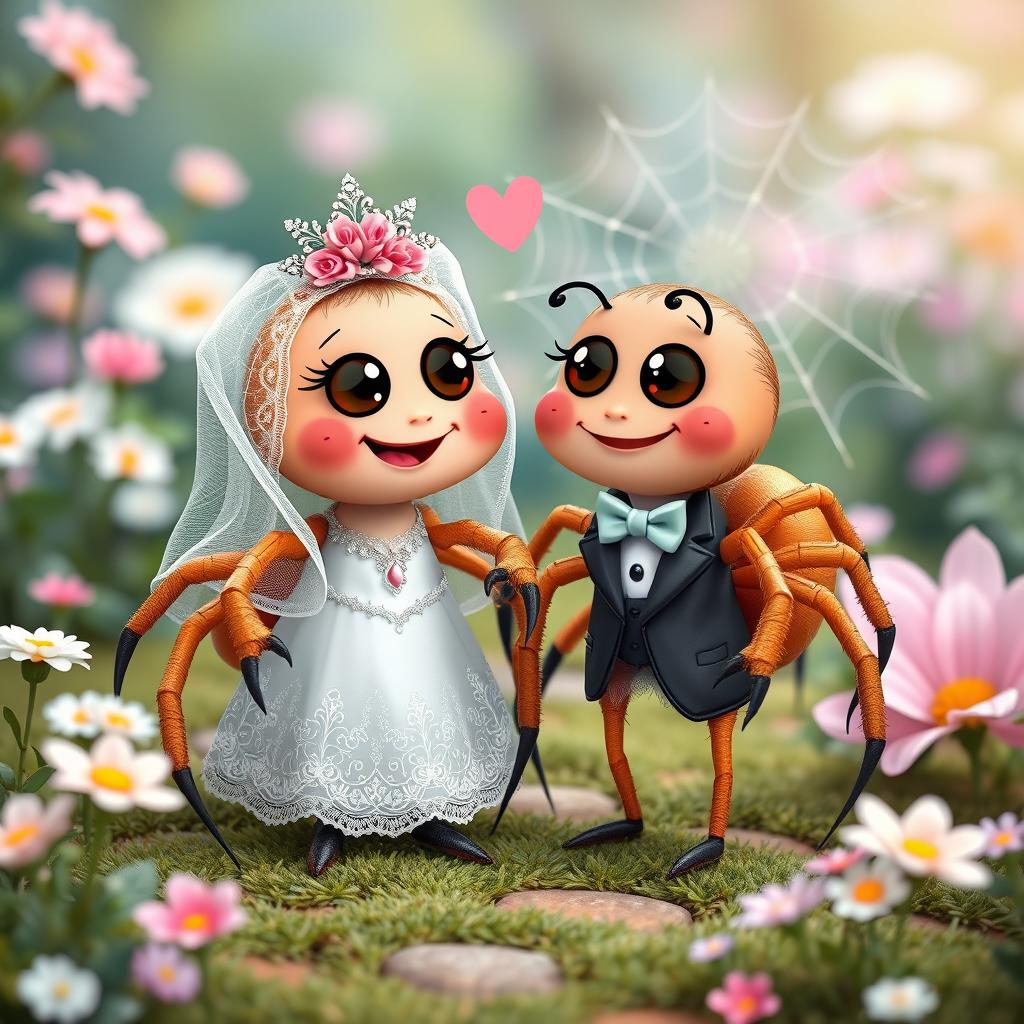 A whimsical and humorous scene depicting two cartoonish spiders dressed in wedding attire, celebrating their marriage