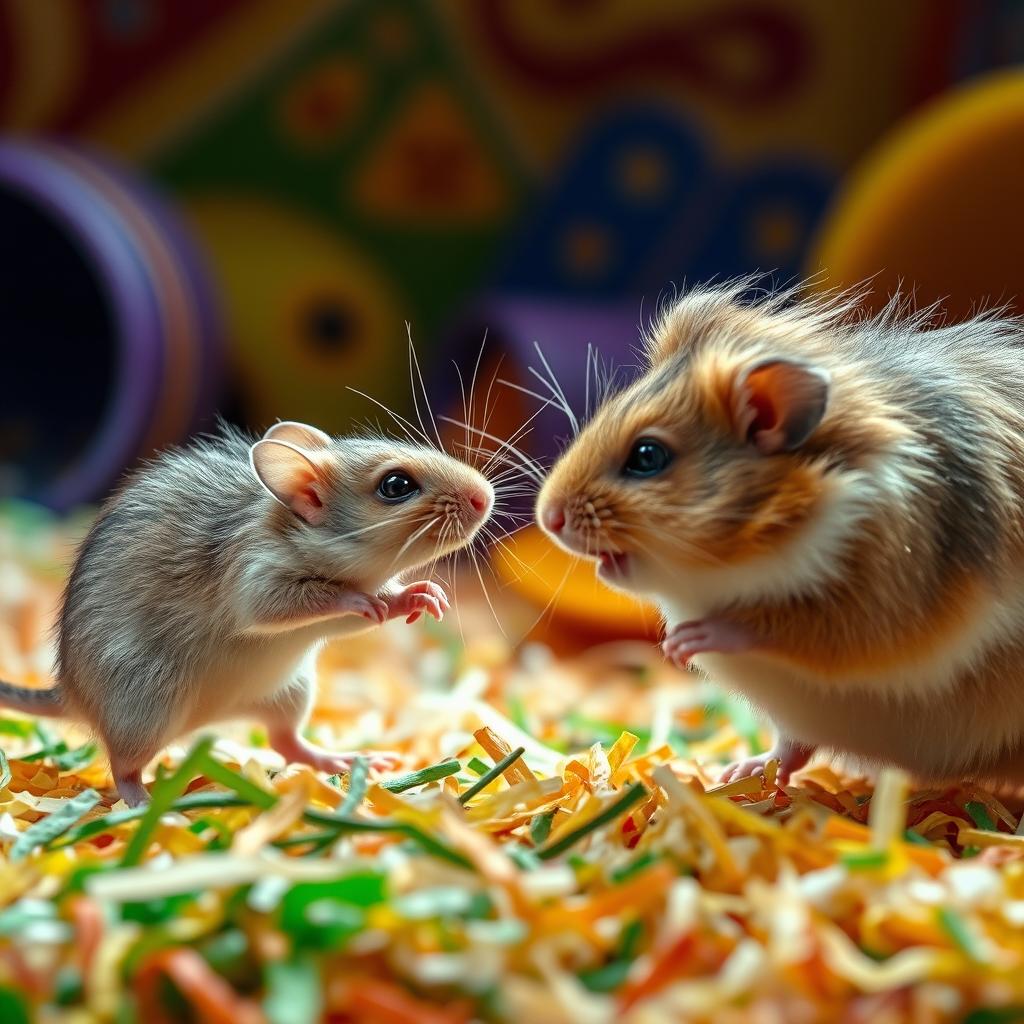 An intense and dramatic scene depicting a mouse and a hamster engaged in a fierce battle