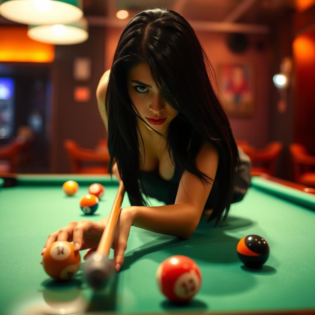 A beautiful girl with long black hair wearing a very short skirt, focused on playing billiards in a stylish pool hall
