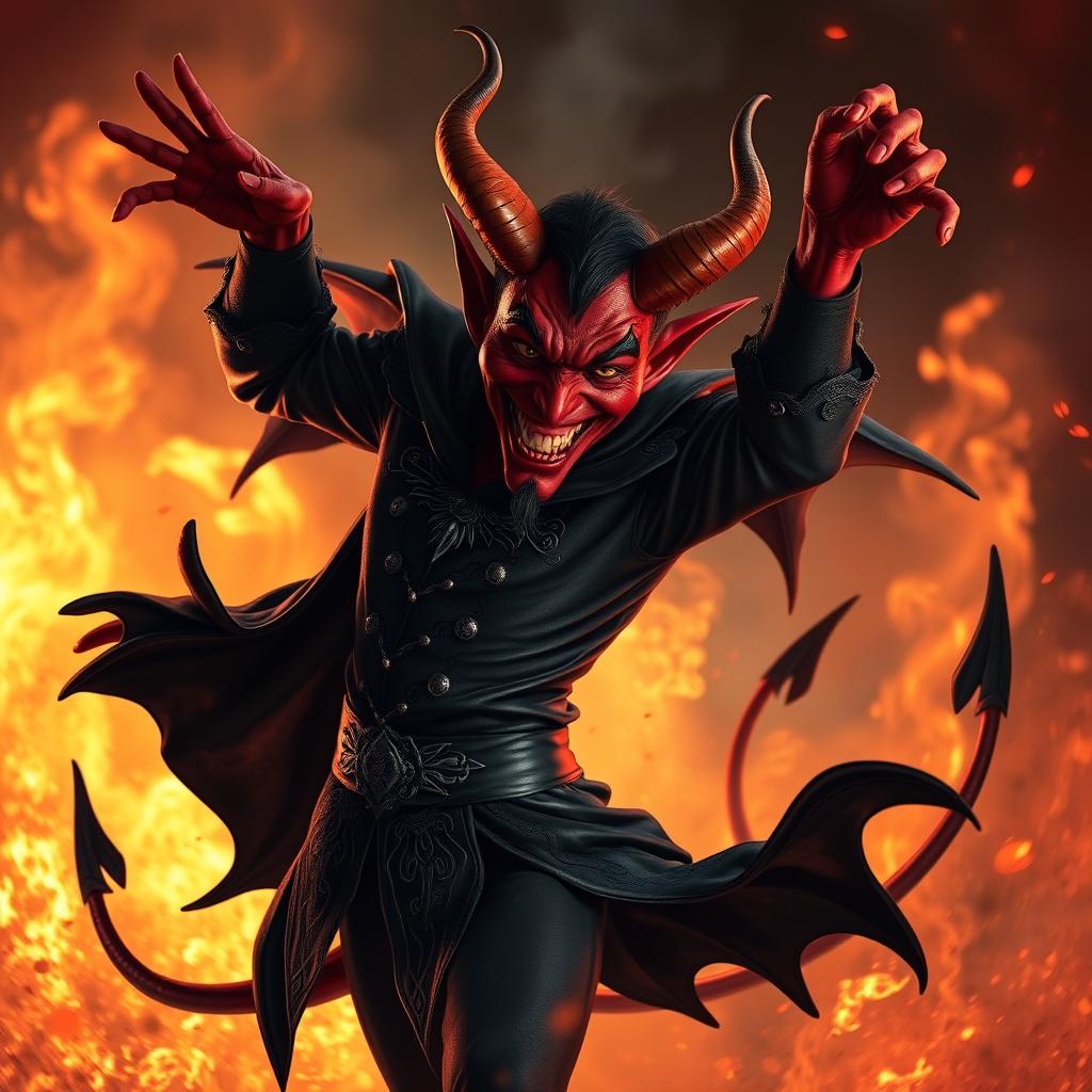 A striking depiction of the devil dancing joyfully, showcasing vibrant red skin and bright yellow eyes, dressed in ominous black attire with intricate silver details