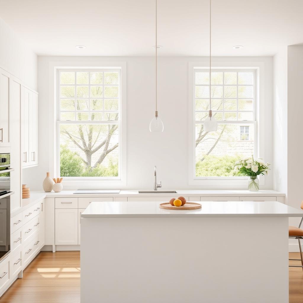 A modern minimalist kitchen featuring two lattice-style windows, a spacious kitchen island, and a predominantly white color palette