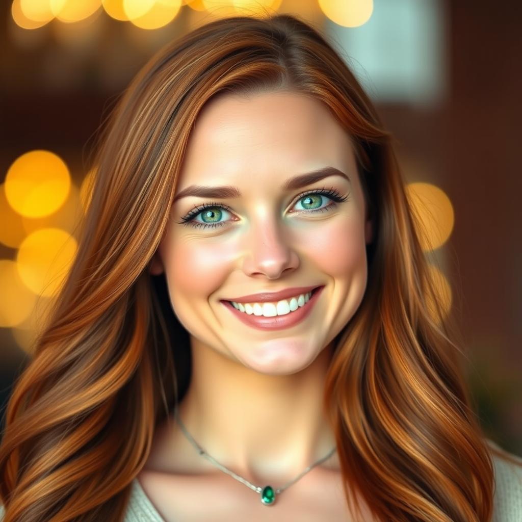 A highly detailed portrait of a woman with long, flowing auburn hair, gently cascading over her shoulders