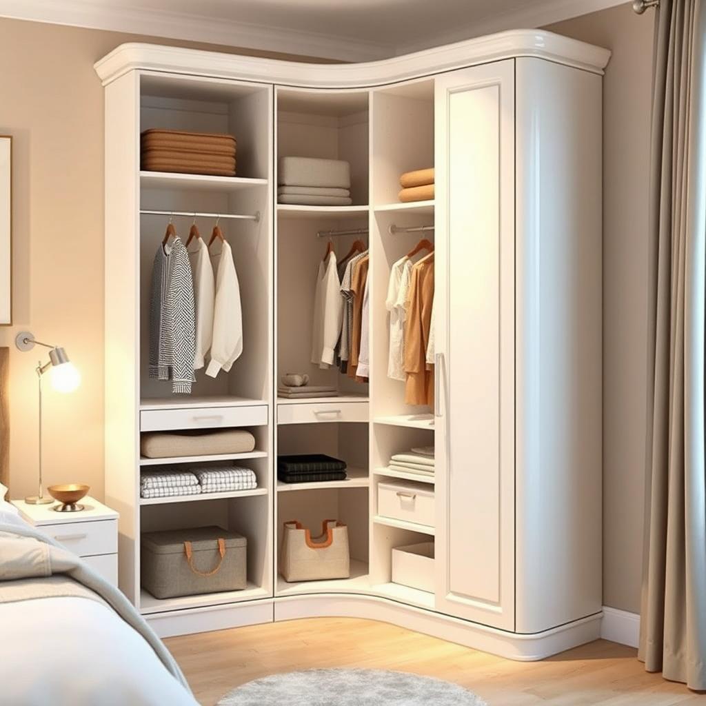 A beautifully designed white corner wardrobe, measuring 160cm in width and 200cm in height