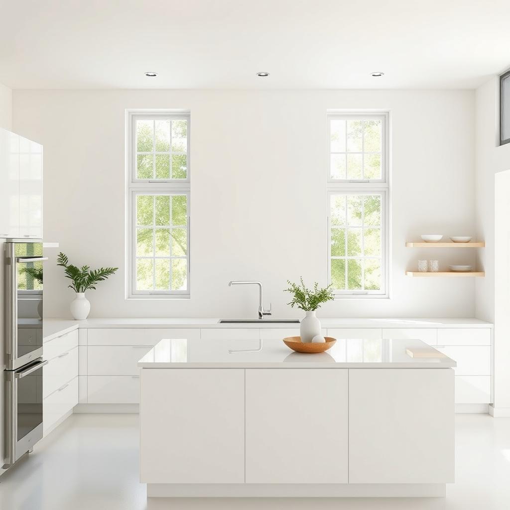 A modern minimalist kitchen featuring two lattice-style windows, a spacious kitchen island, and a predominantly white color palette