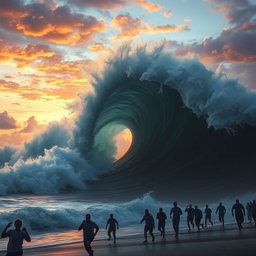 A dramatic and powerful depiction of a tsunami wave crashing against a shoreline