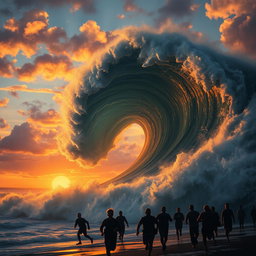 A dramatic and powerful depiction of a tsunami wave crashing against a shoreline