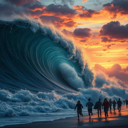 A dramatic and powerful depiction of a tsunami wave crashing against a shoreline