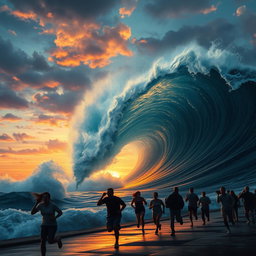 A dramatic and powerful depiction of a tsunami wave crashing against a shoreline