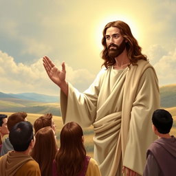 A serene and compassionate portrayal of Jesus Christ, depicted in a traditional biblical setting
