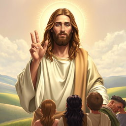 A serene and compassionate portrayal of Jesus Christ, depicted in a traditional biblical setting