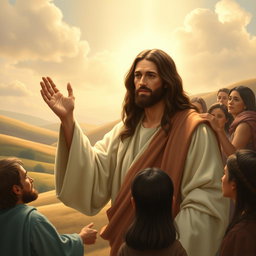 A serene and compassionate portrayal of Jesus Christ, depicted in a traditional biblical setting