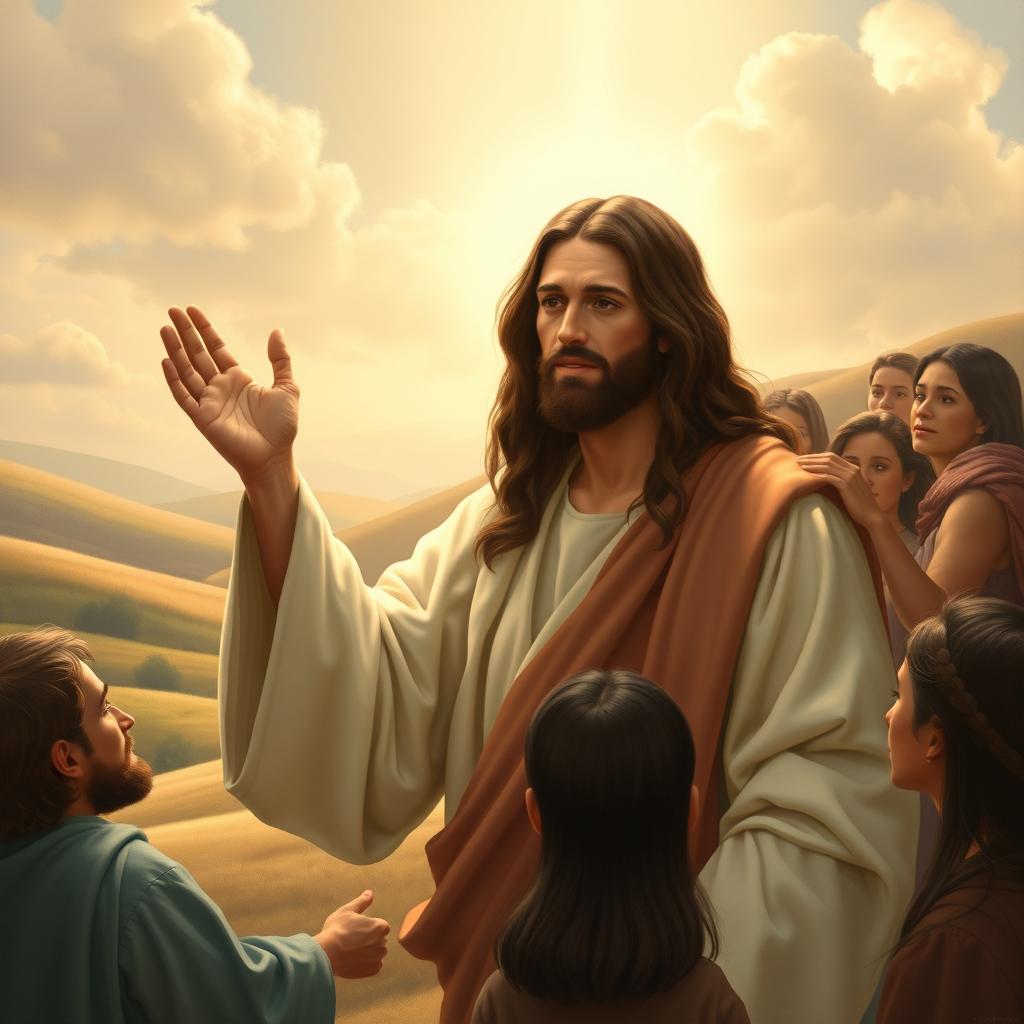 A serene and compassionate portrayal of Jesus Christ, depicted in a traditional biblical setting