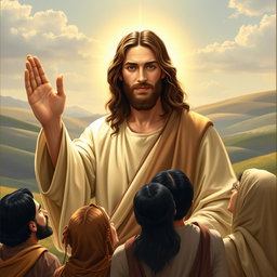 A serene and compassionate portrayal of Jesus Christ, depicted in a traditional biblical setting
