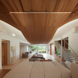 A very large living room located on the top floor, featuring elements of the architectural design shown in the provided link.
