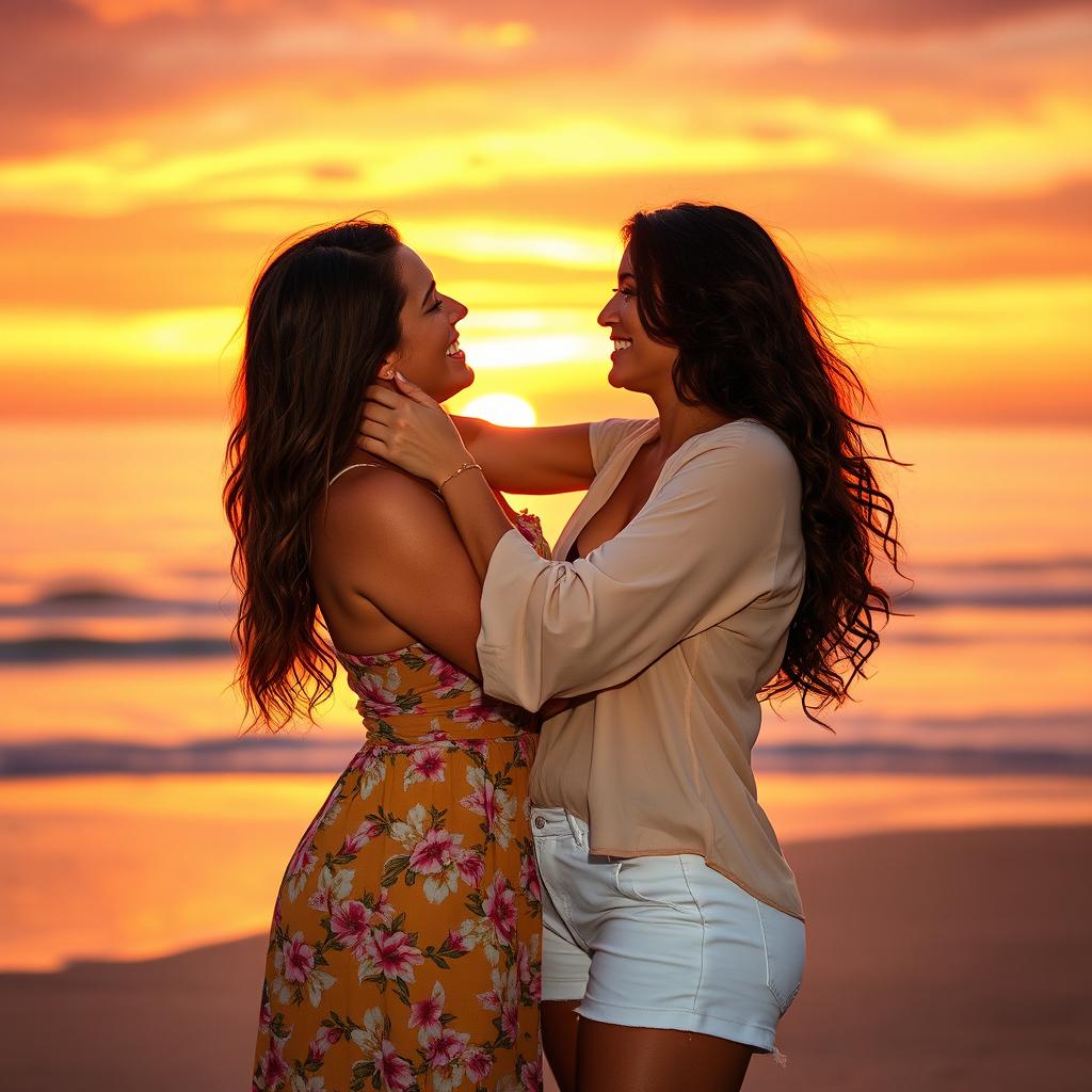 A romantic scene depicting two women in a tender embrace, showcasing their love and connection