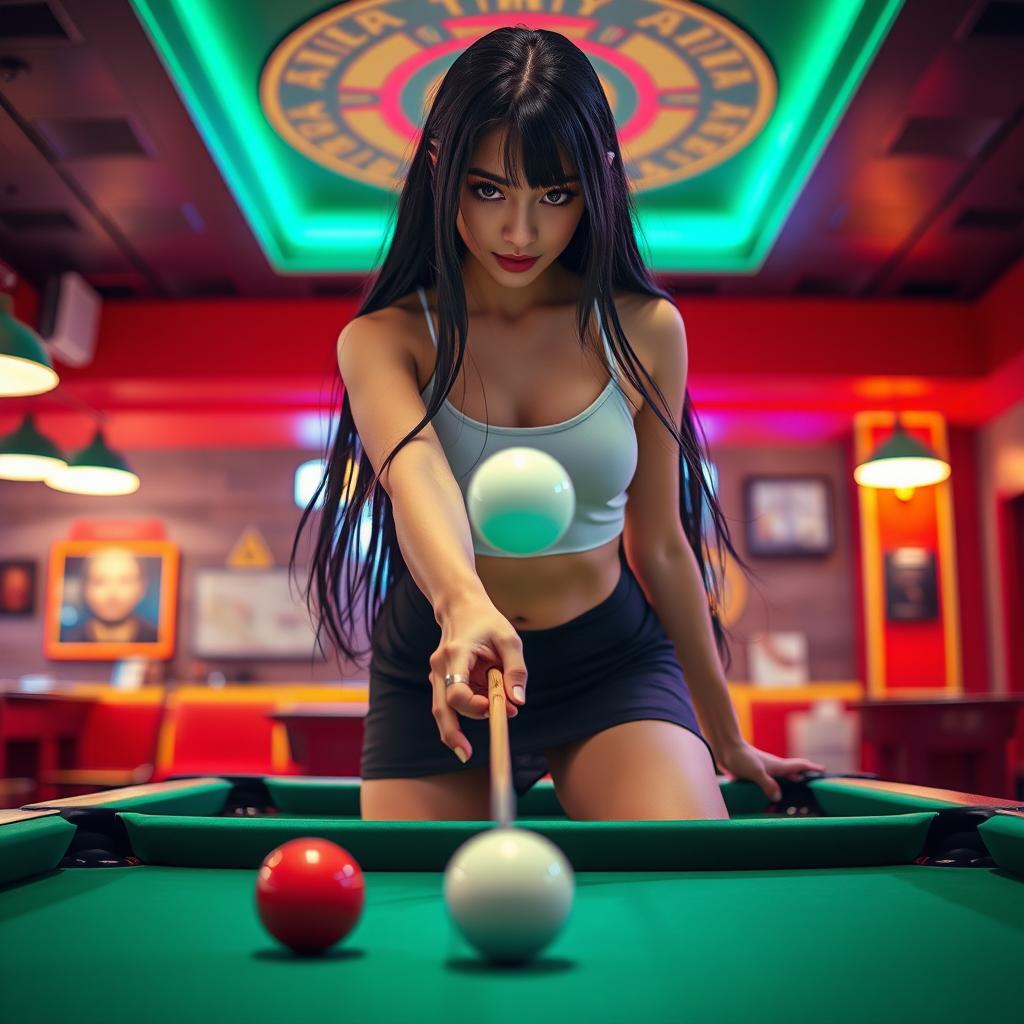 A beautiful girl with long black hair wearing a very short skirt, playing billiards