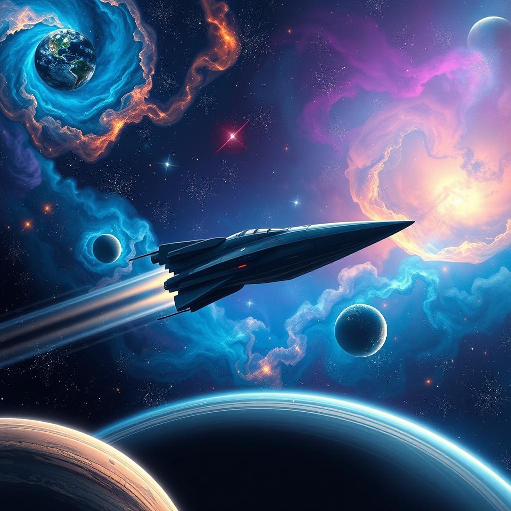 A captivating space exploration scene showcasing a sleek futuristic spacecraft soaring through the vibrant cosmos