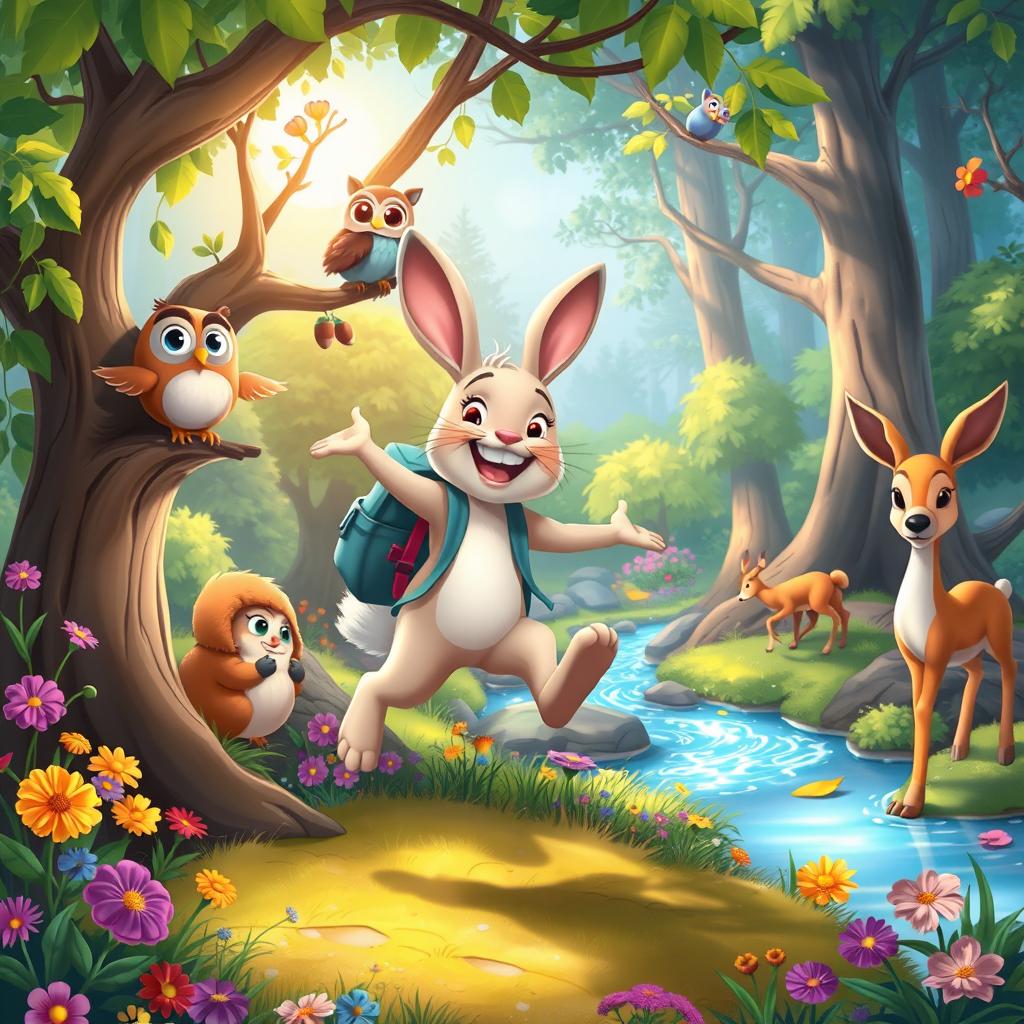 A vibrant and whimsical animated scene depicting an enchanted forest filled with colorful talking animals